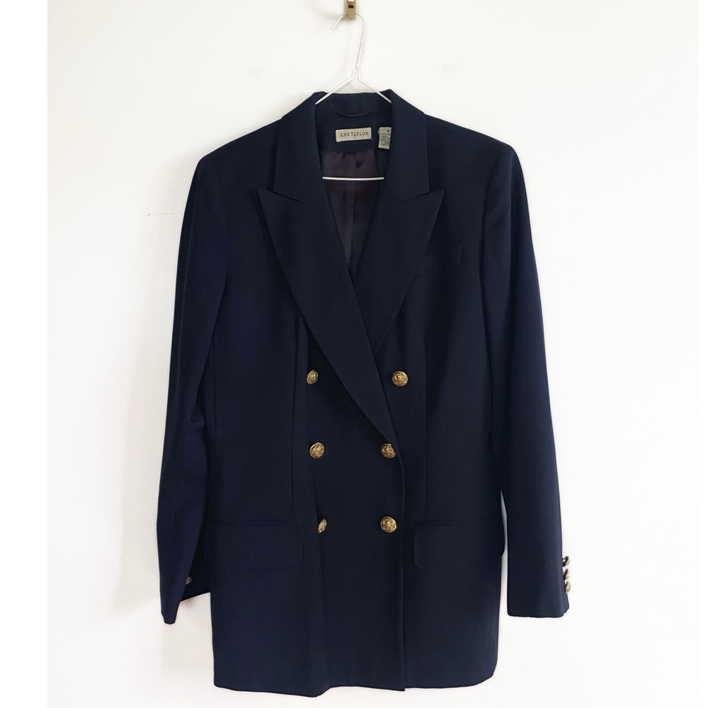 Vtg Ann Taylor Wool dark Navy Blue Nautical Blazer Womens size 8 Preppy Classic